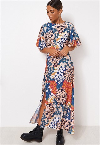 CHLOE ORANGE FLORAL CAPE SLEEVE MAXI DRESS