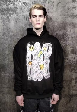 Emoji graffiti hoodie punk scribble smile pullover in black
