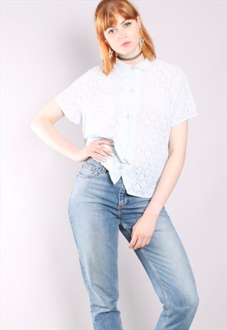 VINTAGE 50S PALE BLUE SHEER LACE BLOUSE