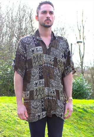 VINTAGE 80S ART AZTEC NERD SHIRT - XL - FESTIVAL - RETRO