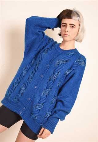 VINTAGE 80'S RETRO KNIT CARDIGAN IN BLUE