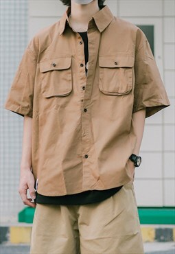 Brown Cargo Pockets Oversized Shorts sleeve shirt Y2k