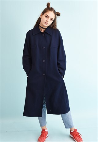 70'S RETRO MINIMALIST TRENCH NAVY TWEED COAT JACKET