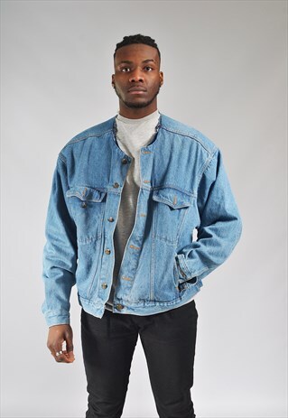 VINTAGE MID BLUE COLLARLESS DENIM JACKET