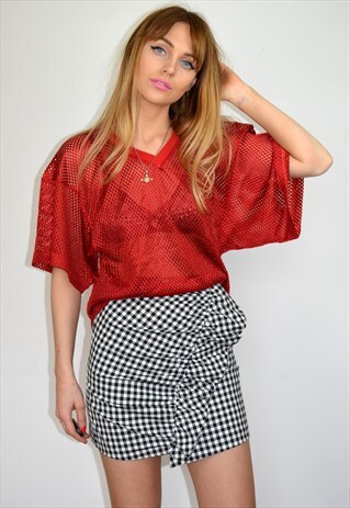 VINTAGE 90S RED MESH SHEER SPORT JERSEY CROP TOP T-SHIRT