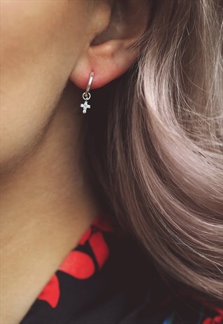 MEGAN. STERLING SILVER CUBIC ZIRCONIA CROSS HOOP EARRINGS