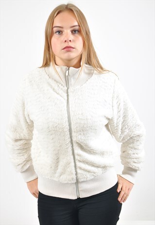 VINTAGE FLEECE TEDDY BEAR TRACK JACKET IN WHITE