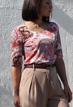 Vintage paisley printed multi color stretch top,blouse.