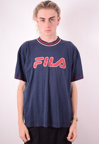 FILA MENS VINTAGE T-SHIRT TOP MEDIUM BLUE 90S
