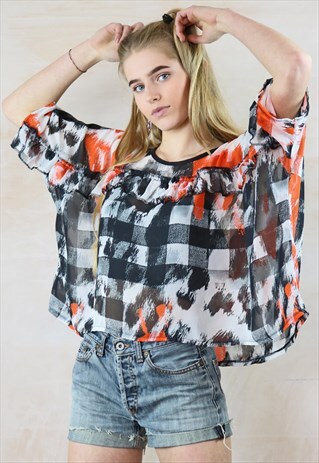 GEO PRINT SHEER FRILL TOP