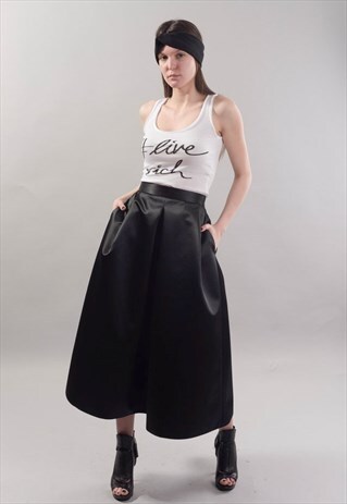 BLACK MIDI SKIRT/BELTED/PLEATED/ SATIN BLACK SKIRT/F1818
