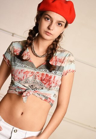 Y2K RETRO BOHO ABSTRACT PRINT MESH FESTIVAL TOP TEE