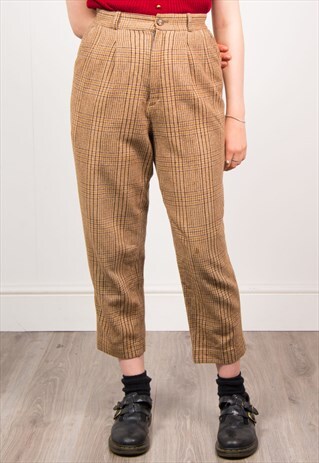 VINTAGE 90'S BROWN CHECKED TWEED HIGH WAIST TROUSERS