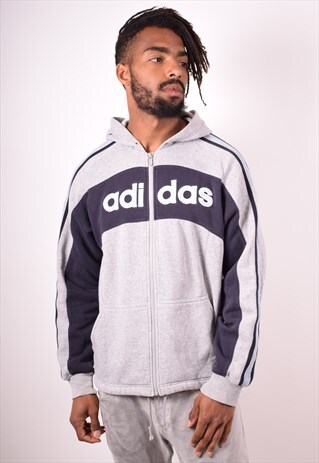 ADIDAS MENS VINTAGE HOODIE JACKET LARGE GREY 90S