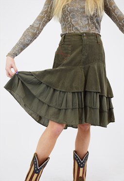 Vintage 2000s Midi Skirt in Khaki Frilly Corduroy 