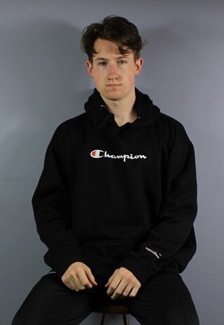 VINTAGE CHAMPION HOODIE IN BLACK WITH PRINTED LOGO AND POUCH