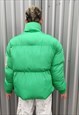 HIGH NECK CROPPED BOMBER QUILTED ROLL PUFFER JACKET IN GREEN