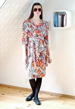 Orange and brown animal print floral frill belted dress