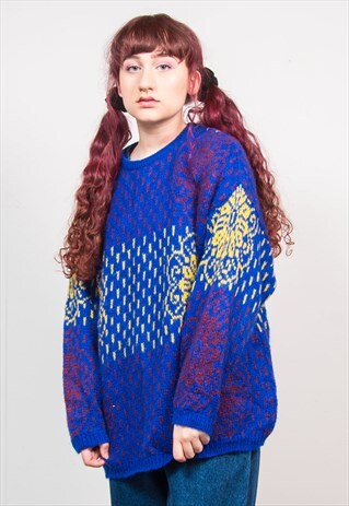 VINTAGE 90'S BENETTON BLUE KNIT PATTERN OVERSIZED JUMPER