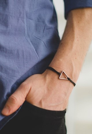 TRIANGLE BRACELET FOR MEN, SILVER GEOMETRIC CHARM BLACK CORD