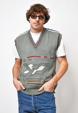 Vintage sweater vest grey multi Retro 90s jumper mens 