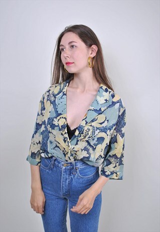 80S RETRO FLORAL PRINT VOCATION BLOUSE, SIZE L