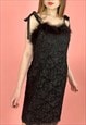 60'S VINTAGE BLACK LACE METALLIC FEATHER TRIM EVENING DRESS