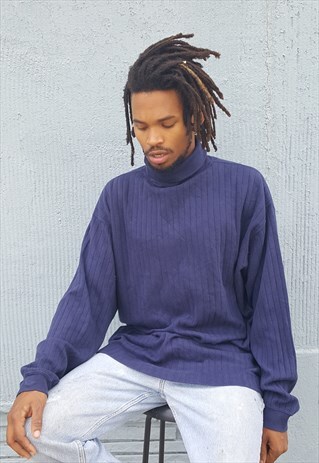 90S MINIMALIST SPORTSWEAR RIBBED BLUE KNIT TURTLE NECK XL
