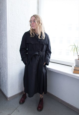 VINTAGE 70'S BLACK HOODED BELTED COAT
