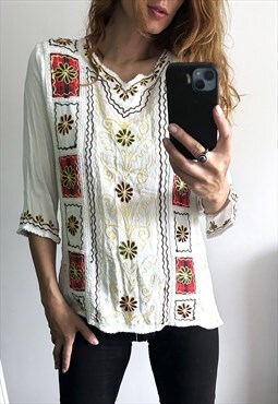 Bohemian Summer Rayon Embroidered Tunic Top 