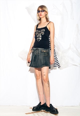 Vintage Y2K Studded Mini Skirt in Grey Denim