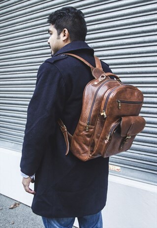 TEXTURED LEATHER OFFICE BACKPACK (BROWN)