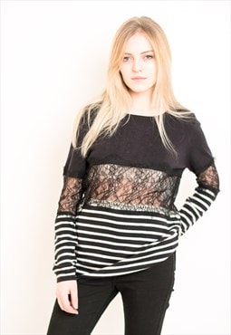 Black white stripe with eyelet lace knitted jumper top 