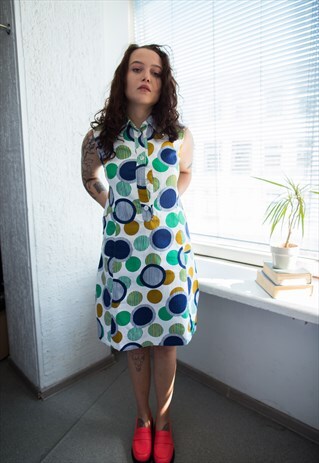 VINTAGE 70'S WHITE PATTERNED MIDI SLEEVELESS COTTON DRESS