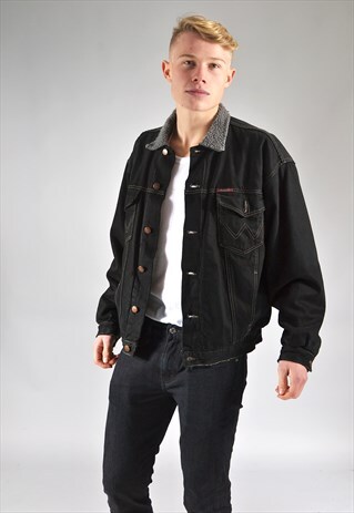 VINTAGE WRANGLER BLACK DISTRESSED SHERPA DENIM JACKET