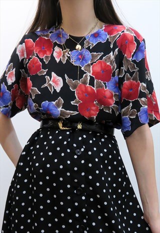 80S VINTAGE RED & PURPLE FLORAL BLOUSE