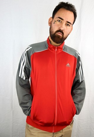 VINTAGE RED & GREY ADIDAS ZIPPED TRACK JACKET