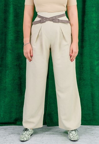 VINTAGE SUPER HIGH WAIST PANTS IN BEIGE BELTED TROUSERS