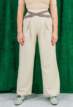 Vintage super high waist pants in beige belted trousers