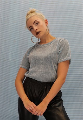 LIGHT BLUE GLITTER MESH T-SHIRT