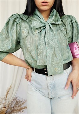80s vintage greenish marble puff sleeve bow collar blouse 