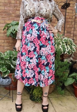 Vintage 90s Pink Cottage Floral Flower Festival Midi Skirt