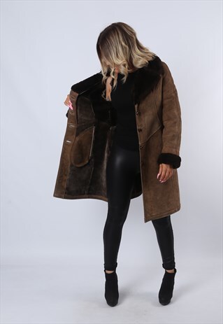 SHEEPSKIN SUEDE COAT SHEARLING UK 8 XS (C9AF)