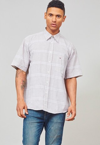 VINTAGE 90'S GREY CHECKED SHORT-SLEEVED TOMMY HILFIGER SHIRT