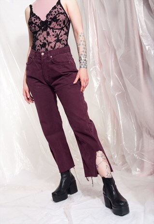 VINTAGE JEANS 90S REWORKED CROP FRAYED MAROON DENIM TROUSERS