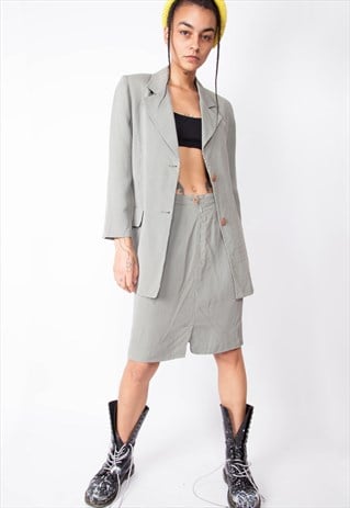 VINTAGE 90S GREY STRIPE TWO PIECE SUIT ID:1684