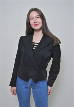 Women wool black blazer, vintage cropped suit jacket 