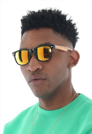 YELLOW MIRRORED SUNGLASSES WITH BAMBOO FRAMES INCLUDES CASE