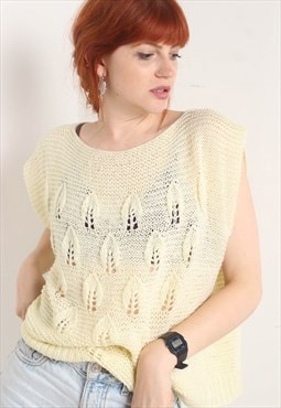 Vintage 80's Crochet Knit Vest Top Beige