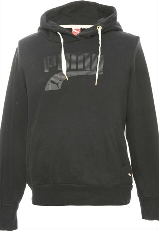 BEYOND RETRO VINTAGE BLACK PUMA PRINTED HOODIE - L